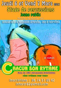 Stage d'initiation aux Percussions brésiliennes de 5 à 11 ans à Monclar de Quercy, les 6 et 7 Mars 2014